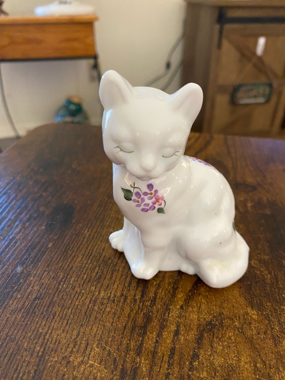 Fenton White Porcelain Cat Figurine with Pink Floral Accent